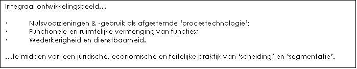 Tekstvak: Integraal ontwikkelingsbeeld…    ·	Nutsvoorzieningen & -gebruik als afgestemde ‘procestechnologie’;  ·	Functionele en ruimtelijke vermenging van functies;  ·	Wederkerigheid en dienstbaarheid.    …te midden van een juridische, economische en feitelijke praktijk van ‘scheiding’ en ‘segmentatie’.      