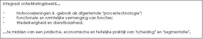 Tekstvak: Integraal ontwikkelingsbeeld…    ·	Nutsvoorzieningen & -gebruik als afgestemde ‘procestechnologie’;  ·	Functionele en ruimtelijke vermenging van functies;  ·	Wederkerigheid en dienstbaarheid.    …te midden van een juridische, economische en feitelijke praktijk van ‘scheiding’ en ‘segmentatie’.      